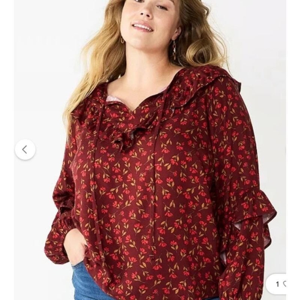 Burgundy Floral Ruffle V-Neck Blouse Long Sleeve Medium
